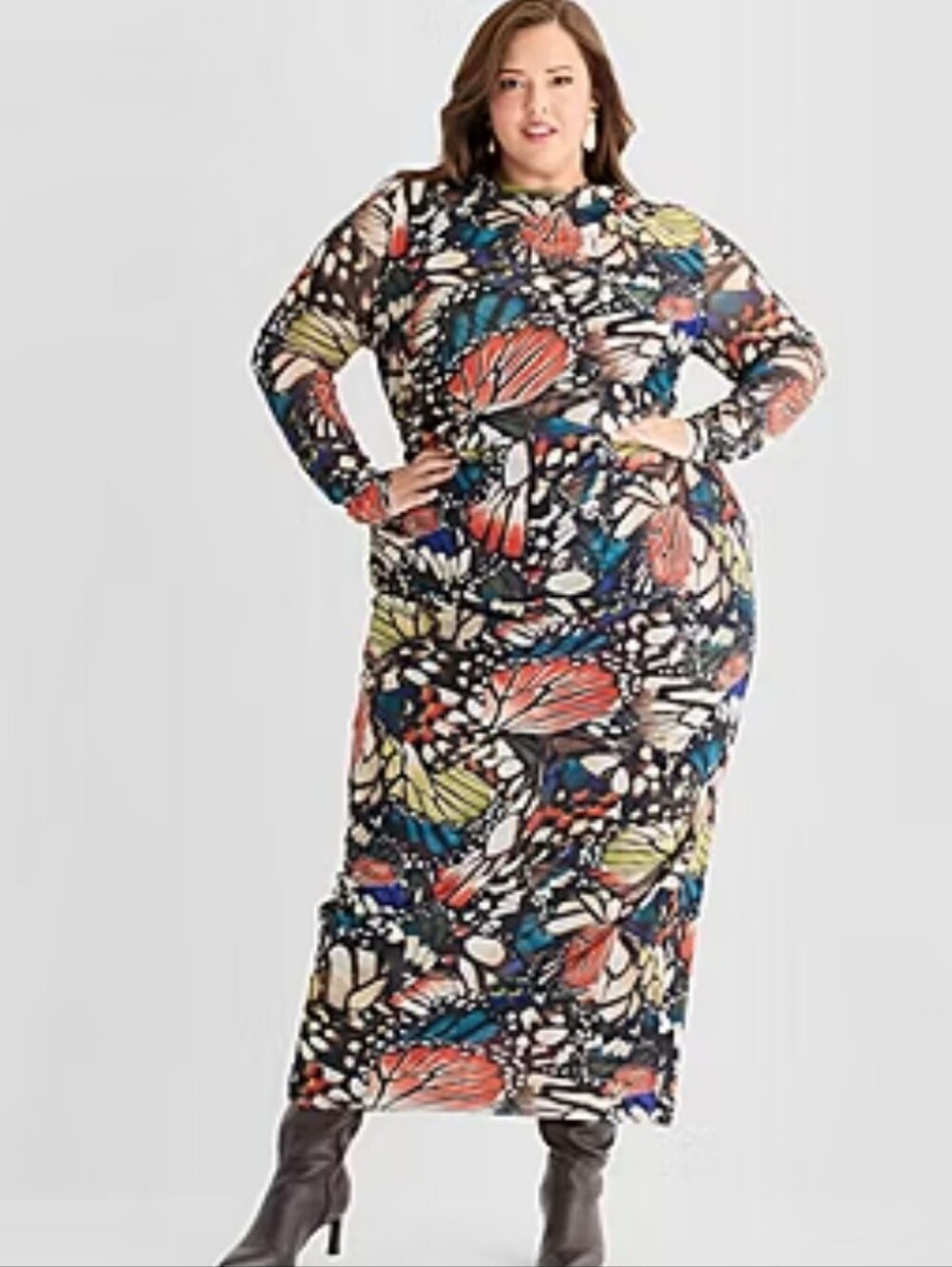 🎊SALE🎊Ashley Graham Plus Mesh Butterfly Print Long Sleeve Bodycon Maxi Dress